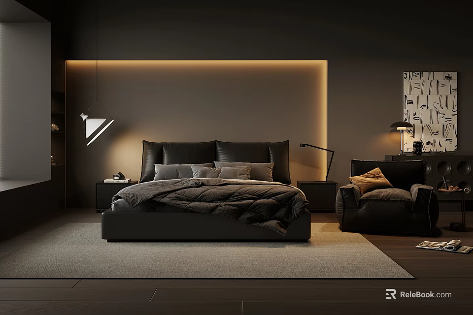 Modern Bedroom Interior Design With Dark Tones Bed Nightstand And Ambient Lighting 3d model 