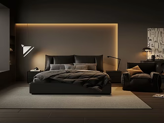 Modern Black Home Bedroom Double Bed Casual Chair Leather Sofa Bucket Cabinet Wall Lamp Table Lamp Bedside Table 3d model
