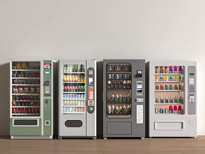 Public Facilities Featuring Different Colored Vending Machines Lined Up With Various Beverages 3d model