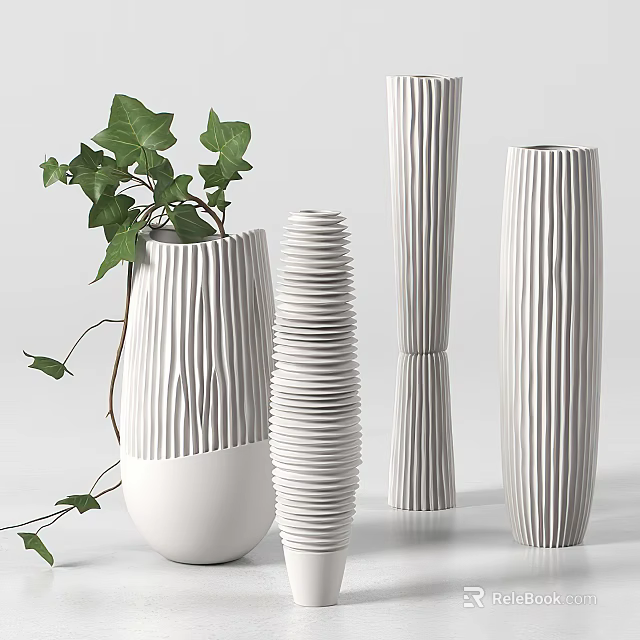 White Striped Ceramic Vases With Green Ivy Plant For Modern Interior 3d model 