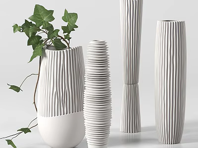White Striped Ceramic Vases With Green Ivy Plant For Modern Interior 3d model