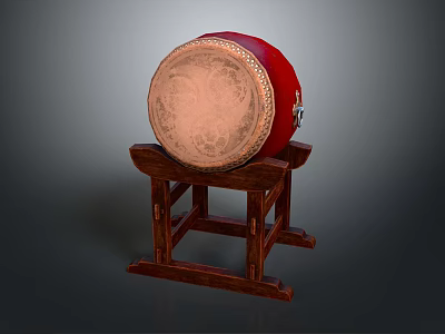 Traditional Red Musical Drum With Decorative Patterns On Leather Drumhead And Wooden Stand 3d model