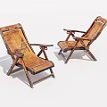 Two Vintage Folding Lounge Chairs With Wooden Frame And Brown Seat