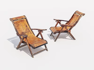 Two Vintage Folding Lounge Chairs With Wooden Frame And Brown Seat 3d model