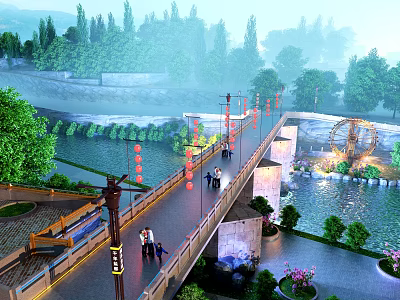 Scenic Stone Bridge Over River With Hanging Red Lanterns And People Walking 3d model