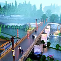 Scenic Stone Bridge Over River With Hanging Red Lanterns And People Walking
