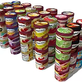 Various Colorful Canned Foods Stacked in Multiple Rows with Label Designs