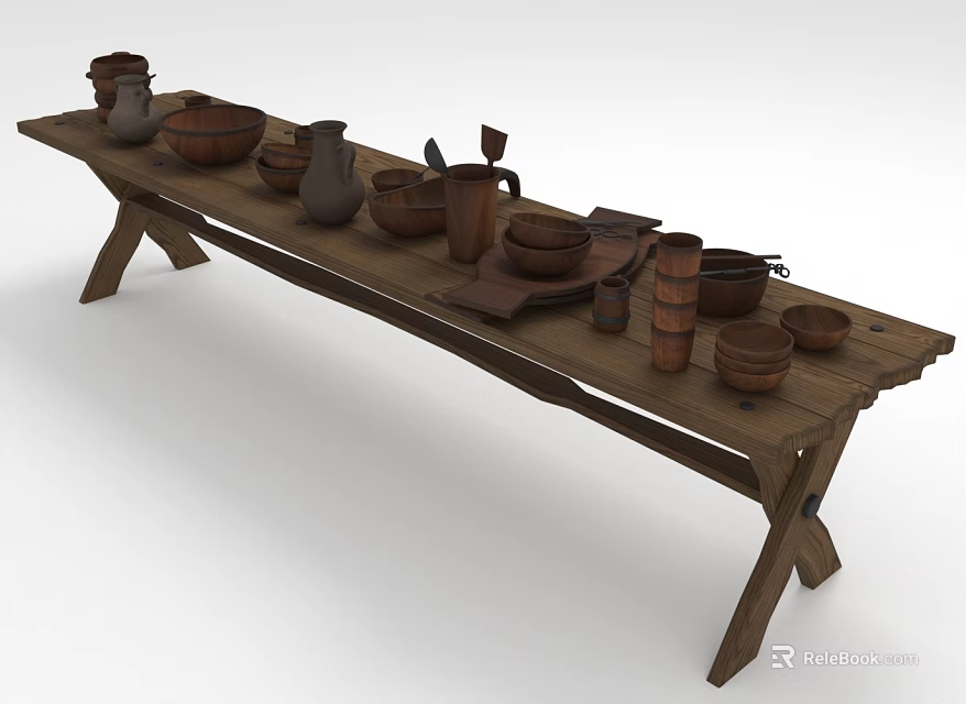 Rustic Handcrafted Pottery Tableware Set With Bowls Cups Jars On Wooden Table 3d model 