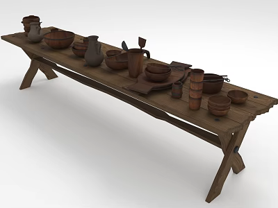 Rustic Handcrafted Pottery Tableware Set With Bowls Cups Jars On Wooden Table 3d model