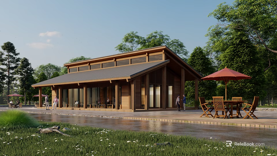 Rustic Wooden Rest Stop With Outdoor Seating Red Umbrella And Lush Trees 3d model 