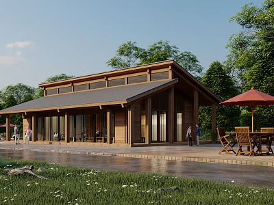 Rustic Wooden Rest Stop With Outdoor Seating Red Umbrella And Lush Trees 3d model