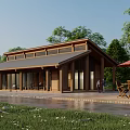 Rustic Wooden Rest Stop With Outdoor Seating Red Umbrella And Lush Trees