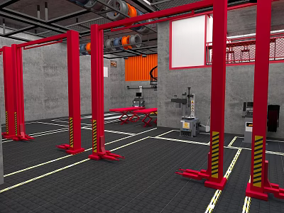 Car Repair Shop Interior Featuring Red Lifts Gray Walls And Black Rubber Flooring 3d model