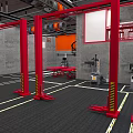 Car Repair Shop Interior Featuring Red Lifts Gray Walls And Black Rubber Flooring