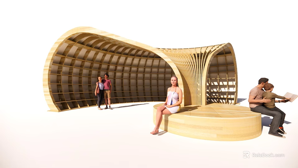 Curved Wooden Architectural Structure With Seating Area Where People Relax In Public Space 3d model 