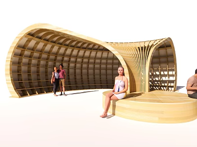 Curved Wooden Architectural Structure With Seating Area Where People Relax In Public Space 3d model