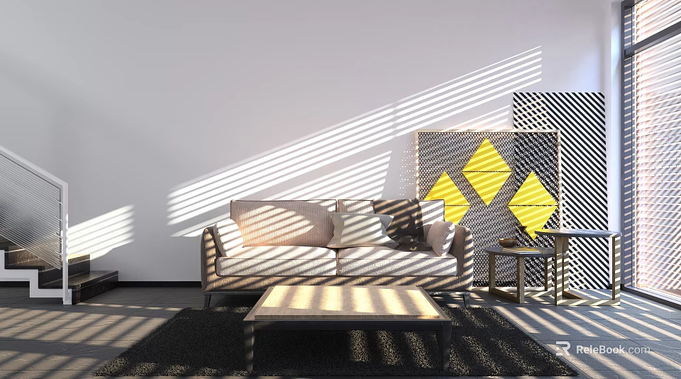 Modern Two Seater Sofa With Blinds Light Shadow Side Table And Yellow Diamond Decorative Rug 3d model 