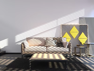 Modern Two Seater Sofa With Blinds Light Shadow Side Table And Yellow Diamond Decorative Rug 3d model