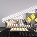 Modern Two Seater Sofa With Blinds Light Shadow Side Table And Yellow Diamond Decorative Rug