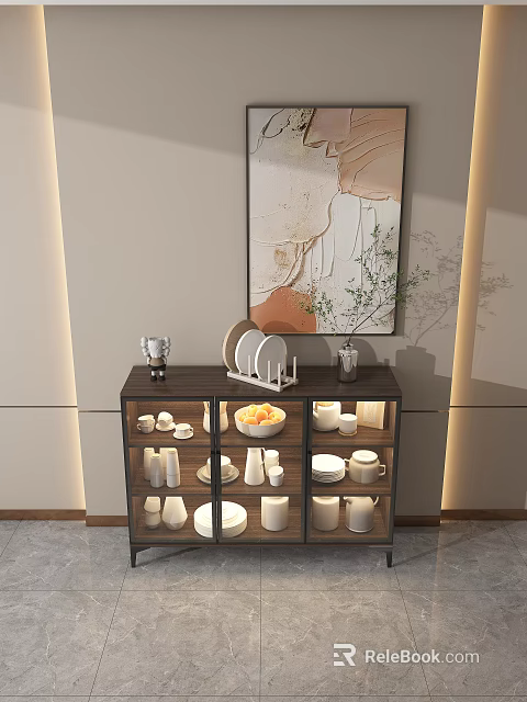 Modern Living Area Sideboard With Glass Doors Tableware Top Coffee Maker Vase And Abstract Painting 3d model 