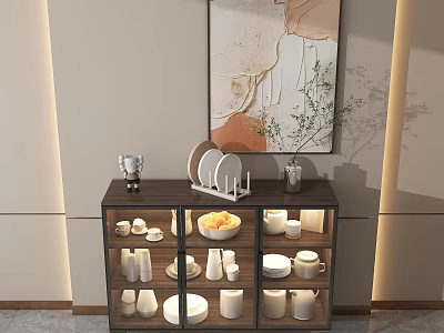 Modern Living Area Sideboard With Glass Doors Tableware Top Coffee Maker Vase And Abstract Painting 3d model