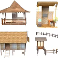 Traditional Scenic Structures Featuring Wooden Roof Pavilion Thatched Hut Circular Fence TV And Plant Decor
