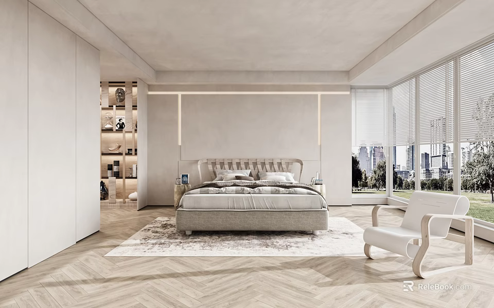 Modern Bedroom Interior With Upholstered Headboard Herringbone Wood Floor White Accent Chair And City View 3d model 