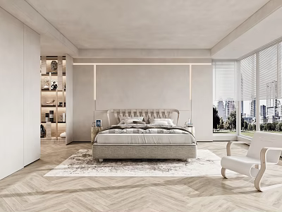 Modern Bedroom Interior With Upholstered Headboard Herringbone Wood Floor White Accent Chair And City View 3d model