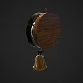 Vintage Wooden Circular Household Item With Decorative Gold Bell And Metal Accents