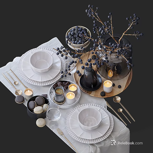 Elegant White Dinnerware Set With Plates Cups Tray Blueberries And Candles 3d model 
