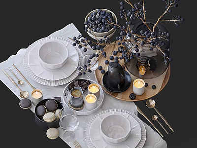 Elegant White Dinnerware Set With Plates Cups Tray Blueberries And Candles 3d model