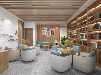 School Library Open Study Space With Wooden Bookshelves And Comfortable Sofas 3d model
