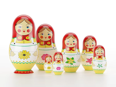 Hand Carved Matryoshka Dolls in Red Yellow with Flower Patterns Set of Various Sizes 3d model
