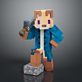 Pixelated Bear Character In Blue Coat Holding Tool Standing On Stone Base 3d model