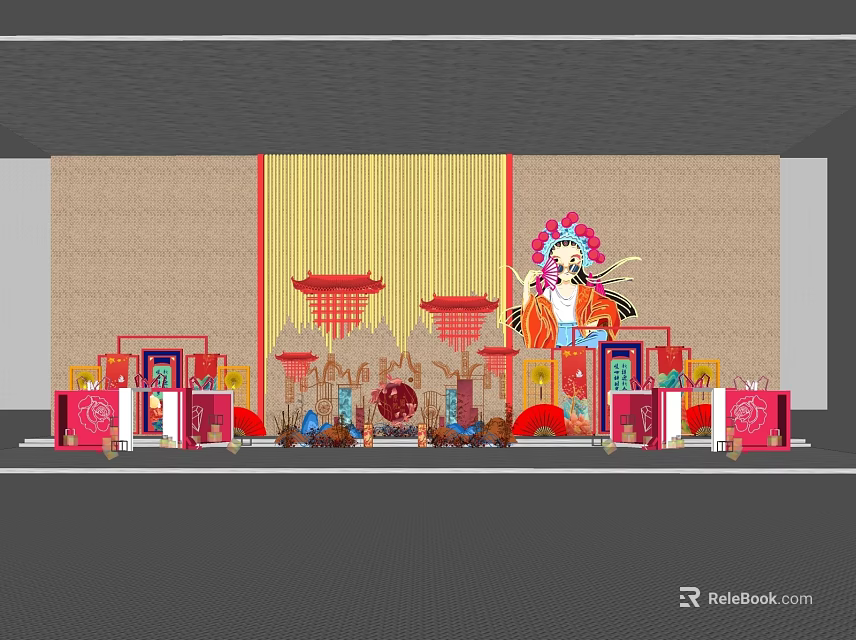 Traditional Chinese Decorative Scene With Peking Opera Mask Red Lanterns And Screen 3d model 