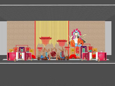 Traditional Chinese Decorative Scene With Peking Opera Mask Red Lanterns And Screen 3d model