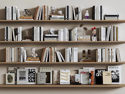 Books And Magazines On Wooden Bookshelf With Decorative Statues And Bicycle Model 3d model