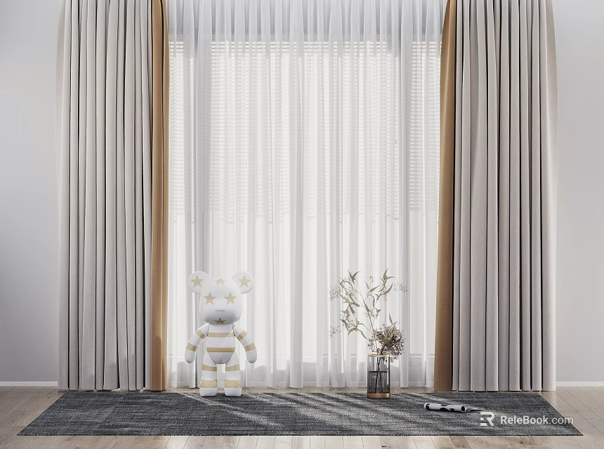 Modern Double Layer Gray And White Curtains With Sheer Panels In Cozy Indoor Space 3d model 