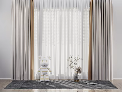 Modern Double Layer Gray And White Curtains With Sheer Panels In Cozy Indoor Space 3d model