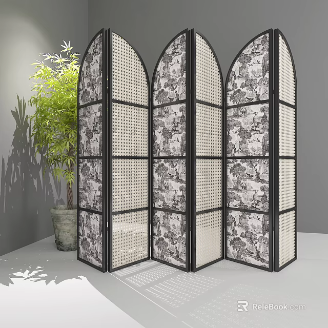 Elegant Folding Room Divider With Black White Pattern And Indoor Bamboo Plant 3d model