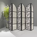Elegant Folding Room Divider With Black White Pattern And Indoor Bamboo Plant 3d model