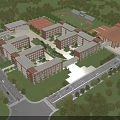 School Building Campus With Red Brick Classroom Buildings Sports Field Greenery And Roads