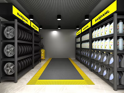 Auto 4S Shop Interior With Tires Car Supplies Yellow Warning Stripes Black Grille Ceiling Lighting 3d model