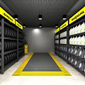 Auto 4S Shop Interior With Tires Car Supplies Yellow Warning Stripes Black Grille Ceiling Lighting