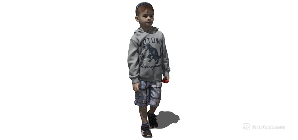 Young Boy Wearing Gray Hoodie With HOTOWM Burger Print And Plaid Shorts Holding Red Object 3d model 