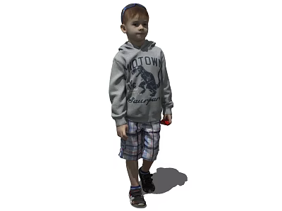 Young Boy Wearing Gray Hoodie With HOTOWM Burger Print And Plaid Shorts Holding Red Object 3d model