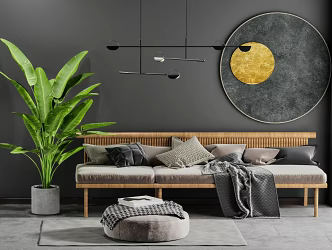 New Chinese-style Three-person Sofa Casual Sofa Wall Decorations Chandelier Combination 3d model