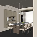 Modern Restaurant Interior With Open Layout Wooden Cabinets Marble Dining Table And Hanging Lights