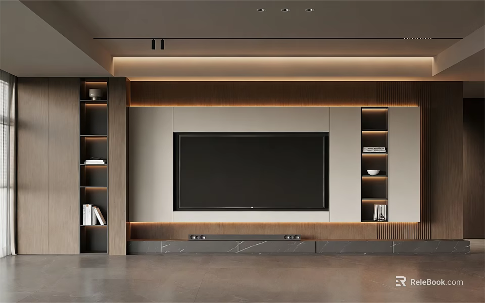Modern TV Stand Design With Wooden Frame Open Shelves And LED Lighting 3d model 