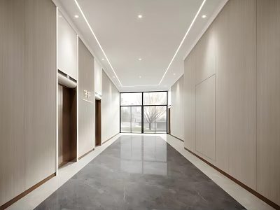 Modern Elevator Hallway With Light Colored Walls Dark Floor Linear Ceiling Lights And End Window 3d model
